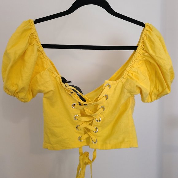 Lace-Up Surplice Puff Sleeve Crop Top - Linen Blend - Picture 2 of 2